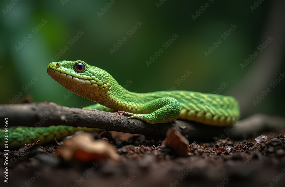 A rough green snake stretched along a thin branch above leaf litter Generative AI A rough green snake stretched along a thin branch above leaf litter Generative AI