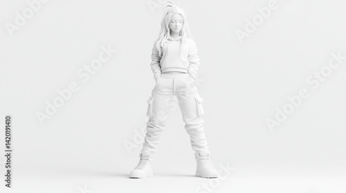 Female Model Cargo Pants Minimalist Style High-resolution Render Full body shot, neutral pose, streetwear fashion, white studio background, monochrome aesthetic, perfect for fashion websites.