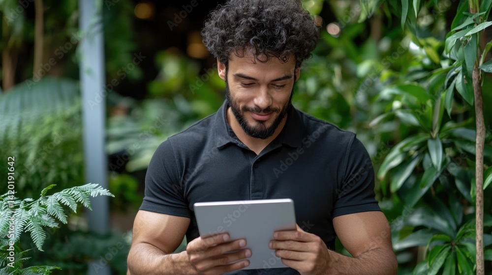 A man is sitting in a lush green garden, smiling as he looks at a tablet A man is sitting in a lush green garden, smiling as he looks at a tablet