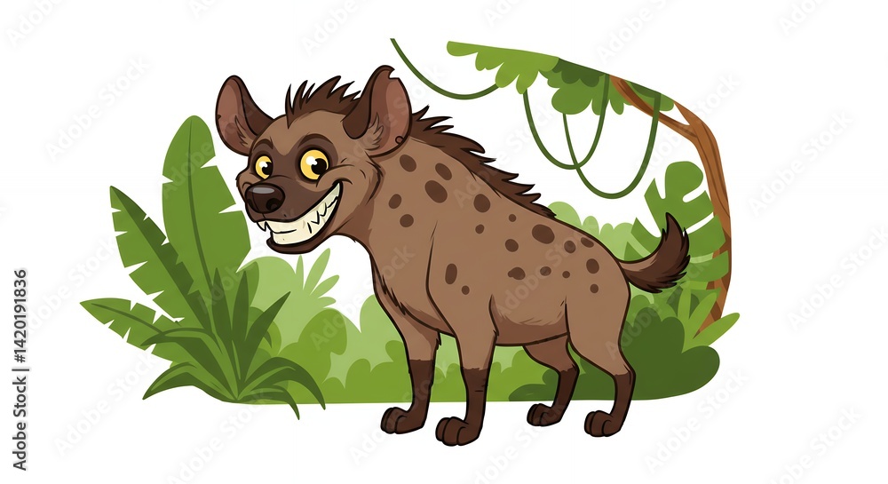 Cheerful cartoon hyena in lush jungle setting Cheerful cartoon hyena in lush jungle setting