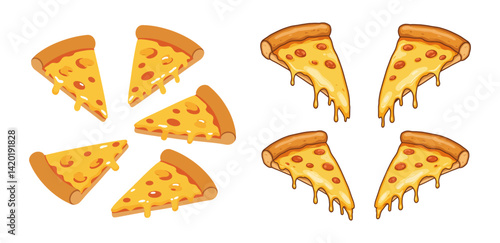 set of pizza slices with dripping cheese vector illustration isolated