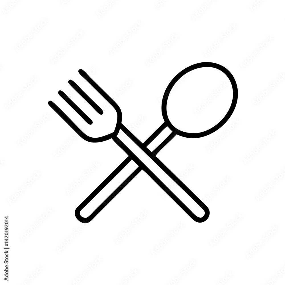 A simple yet elegant crossed fork and spoon representing a delightful dining experience with bold black lines on a white background. A simple yet elegant crossed fork and spoon representing a delightful dining experience with bold black lines on a white background.