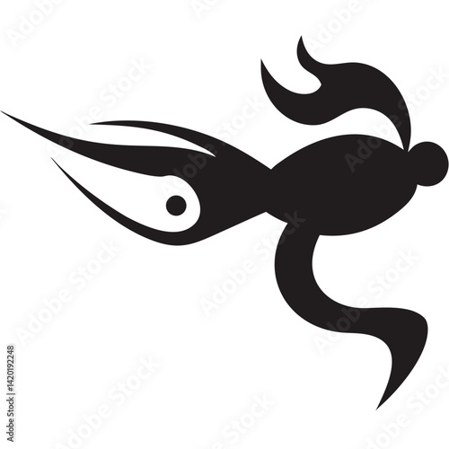 A stylized, powerful creature in motion, a dynamic black silhouette against a stark white background, showcasing bold curves and sharp angles.