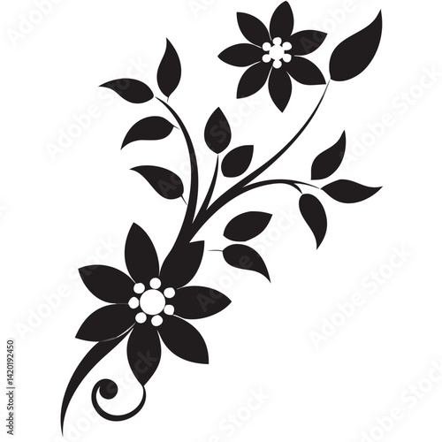Elegant black floral branch design with stylized flowers and leaves against a crisp white background showcasing simple yet sophisticated artistry.