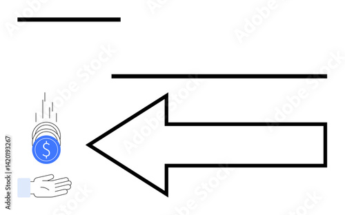 Coins falling into an open hand beside a left-pointing arrow, symbolizing payment, refund, or money transfer. Ideal for financial services, refund process, savings, budgeting, transactions