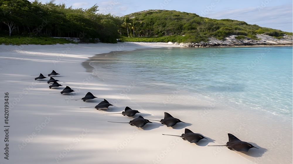 Fototapeta premium Line of Stingrays on Tropical White Sand Beach Leading to Azure Water and Lush Green Vegetation.