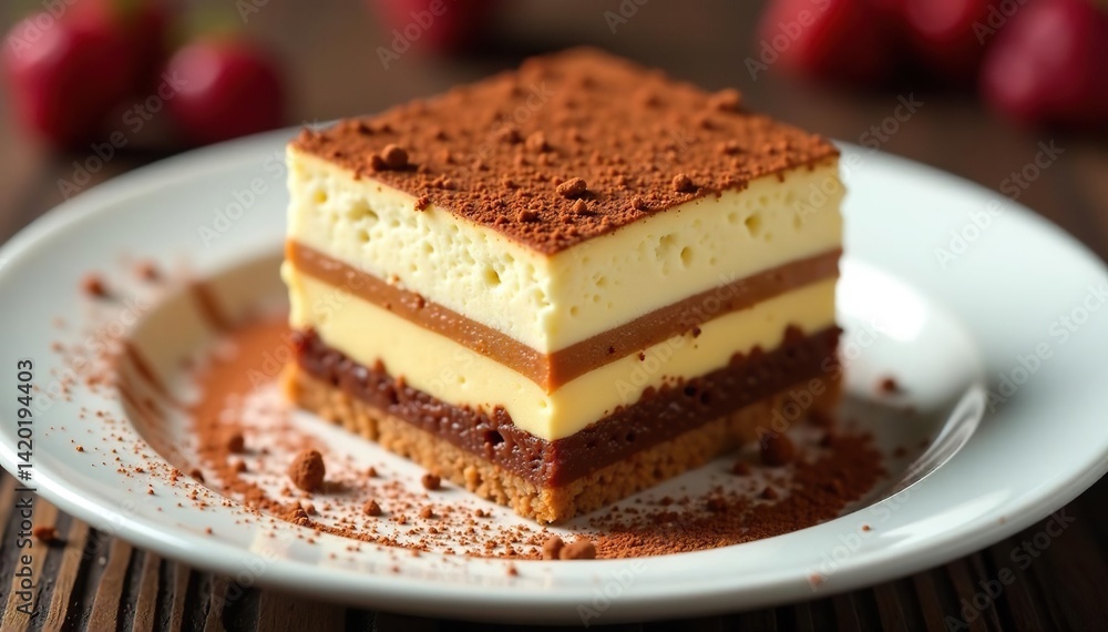 Individual tiramisu portion, rich texture, dusted cocoa, elegant presentation , close up, single serving, sweet Individual tiramisu portion, rich texture, dusted cocoa, elegant presentation , close up, single serving, sweet