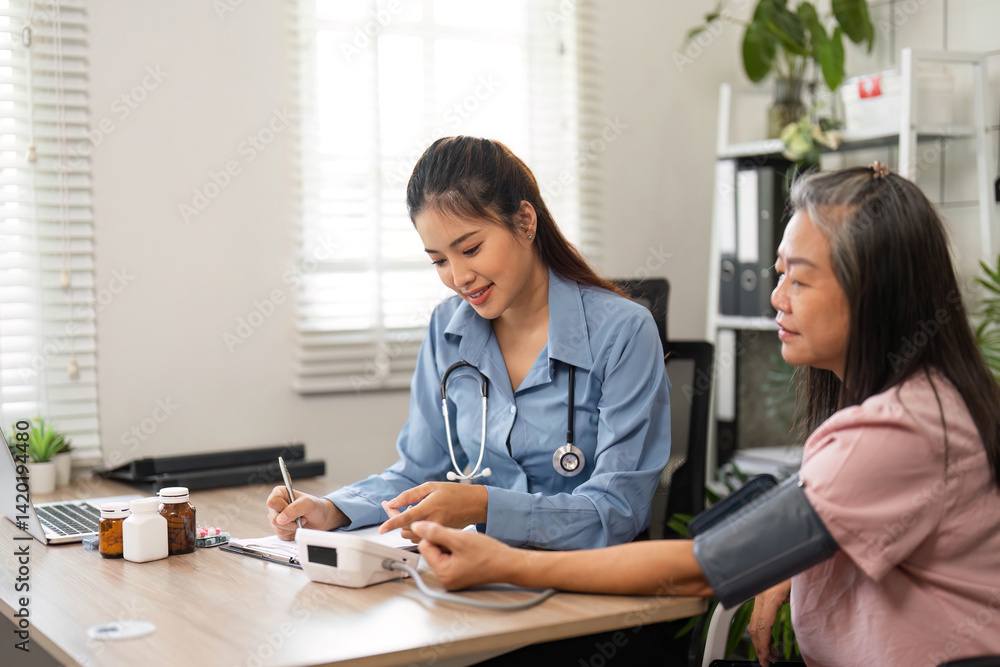 Healthcare and Patient Well-being. A nurse performs a health check on a senior patient using a blood pressure monitor. Healthcare and Patient Well-being. A nurse performs a health check on a senior patient using a blood pressure monitor.