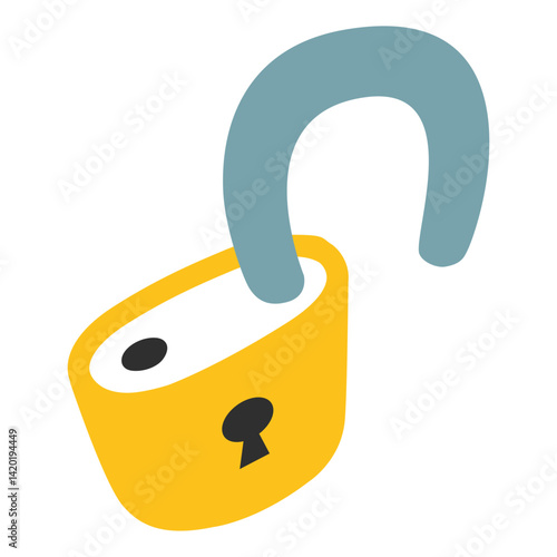 Unlocked Padlock Cartoon Style Clipart Illustration | Minimalistic Yellow Lock with Open Shackle Isolated on White Background