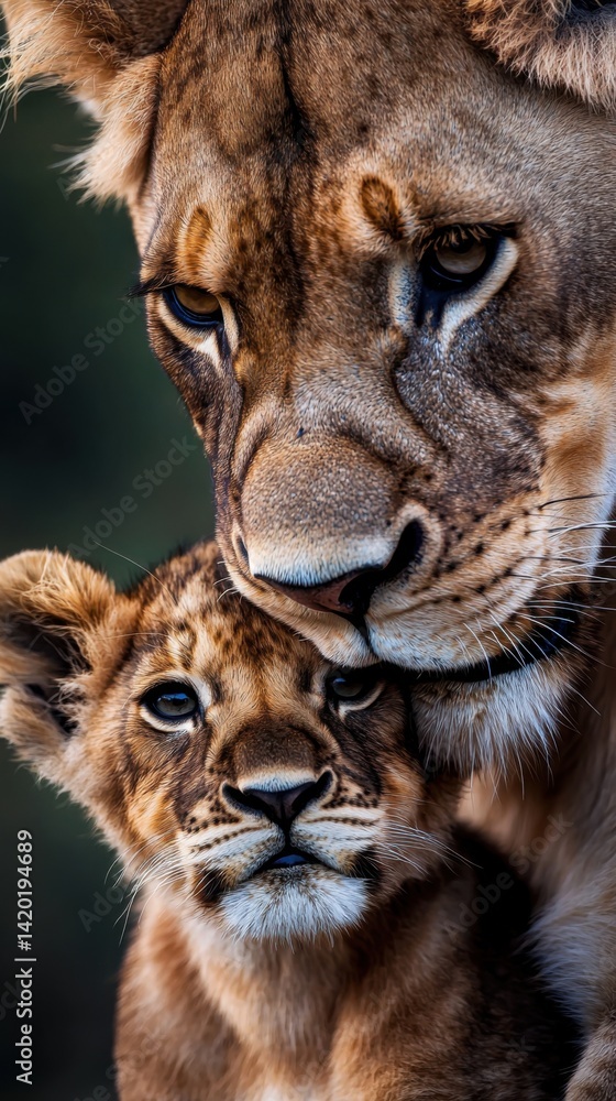 Naklejka premium A mother lion is holding her cub