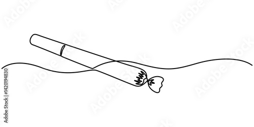 Lit marijuana joint continuous one line drawing, Cannabis joint. Hand drawn vector illustration in sketch style. Marijuana spliff, minimalist pro style vector of white background. outline design.