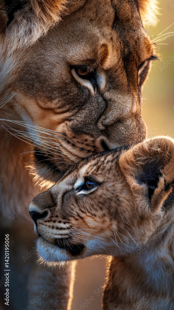 Naklejka premium A mother lion is hugging her cub