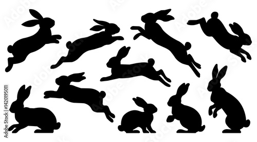 Easter Bunny Silhouette. Set of Different Rabbit Silhouettes for Design Use. Silhouette Set of Jumping and Sitting Rabbits in Various Poses on a White Background.