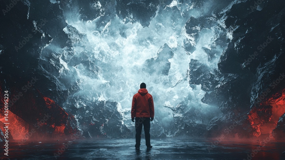 Obraz premium A man stands in front of a large, dark, and mysterious cave