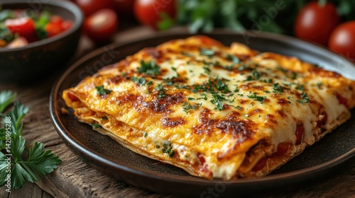 Wallpaper Mural Cheesy lasagna slice on plate, rustic table, tomato garnish Torontodigital.ca