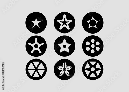 A captivating collection of nine distinct star and geometric shapes, each encased in a bold black circle against a subtle gray backdrop, creating a visually striking design.