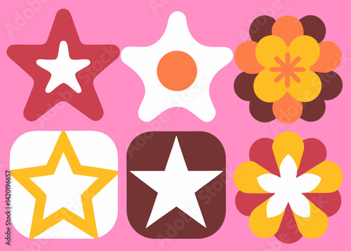 A cheerful retro design featuring vibrant stars and flowers on a playful pink background with bold colors and simple shapes.