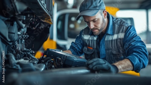 Mechanic Repairing Truck Engine in Workshop Environment