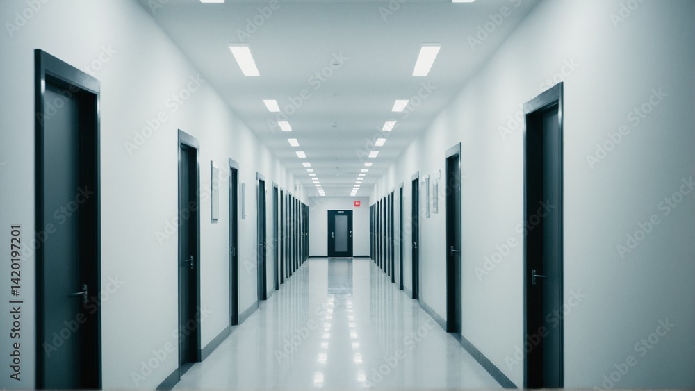 Sterile Corridor: A Perspective of Orderly Symmetry with Identical Doors and Fluorescent Lighting Creates a Clinical Ambience. Sterile Corridor: A Perspective of Orderly Symmetry with Identical Doors and Fluorescent Lighting Creates a Clinical Ambience.