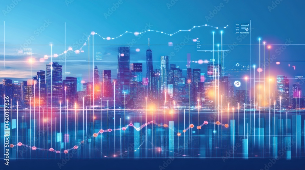 Fototapeta premium Urban development overlaid with financial indicators.