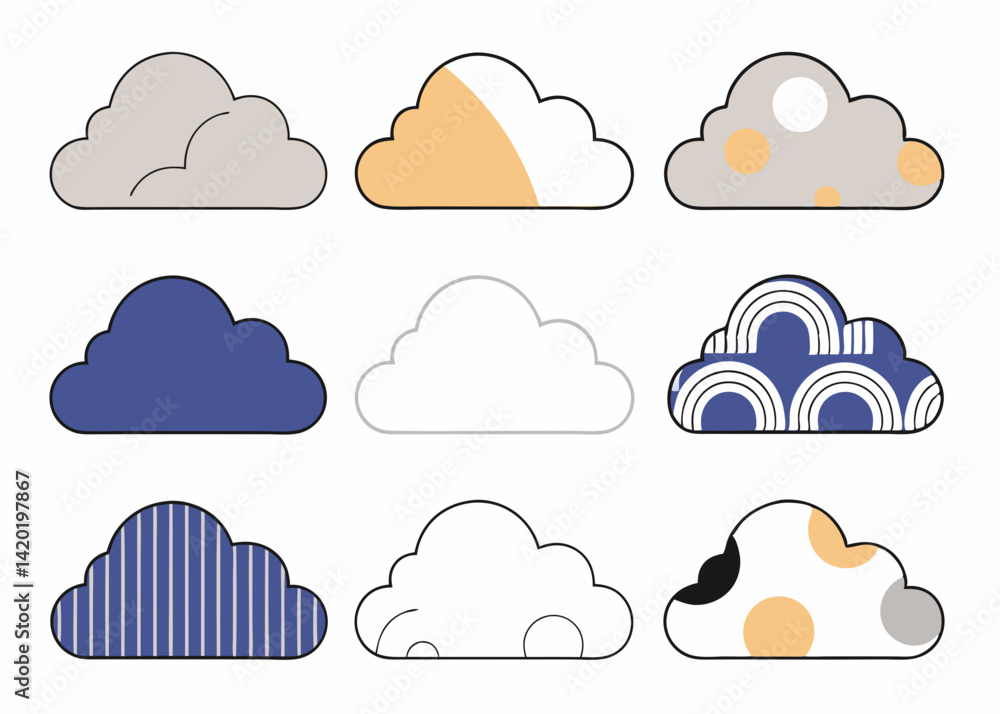 A whimsical collection of charming cloud patterns in soft, muted colors and simple, playful designs. A whimsical collection of charming cloud patterns in soft, muted colors and simple, playful designs.