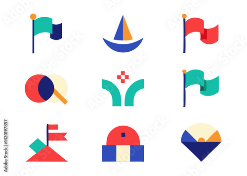 Bold geometric icons celebrating exploration, achievement, and community spirit with vibrant flat colors and simple shapes.