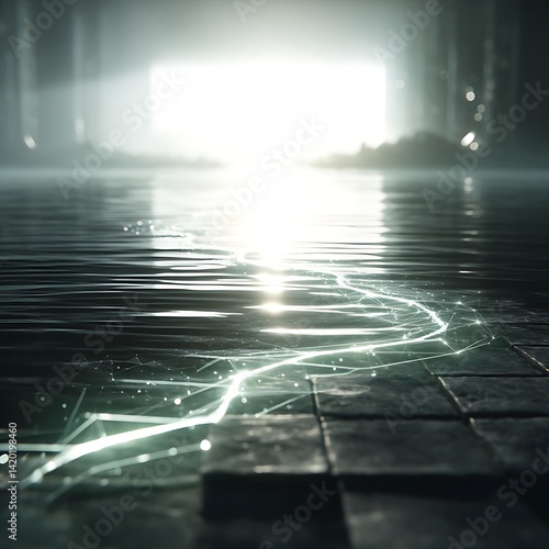 Luminous Pathway on Stone Surface Reflecting Light Creating a Futuristic Ambiance with Water