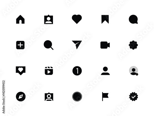 Instagram all icon set vector black. Social media icons: home, search, profile, message, reels, like, comment, share, etc. Instagram Ui app interface icon. Instagram icon set design black vector. 