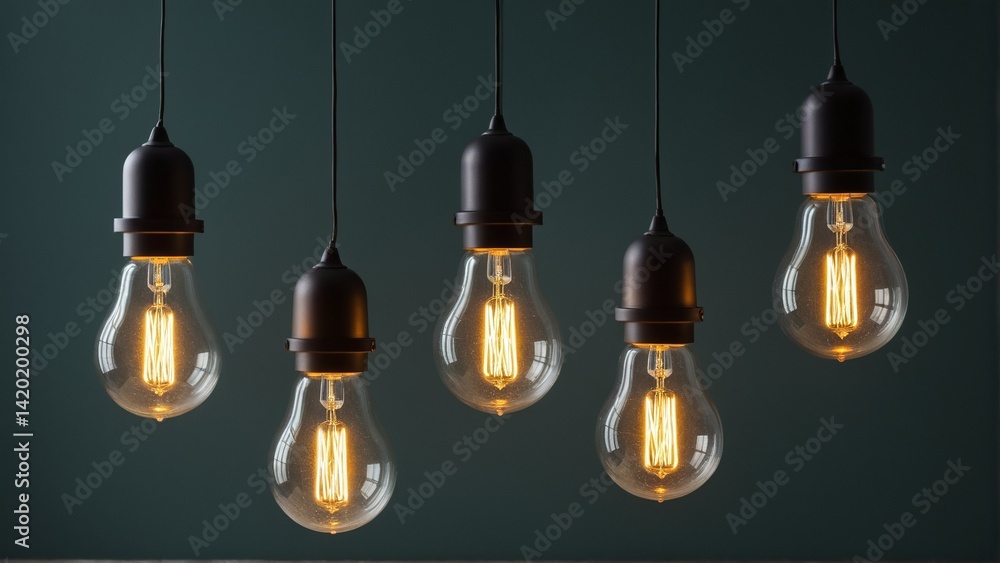 Suspended Luminescence: A Quintet of Glowing Bulbs Illuminating a Vintage Aesthetic with Warmth and a Touch of Industrial Chic. Suspended Luminescence: A Quintet of Glowing Bulbs Illuminating a Vintage Aesthetic with Warmth and a Touch of Industrial Chic.