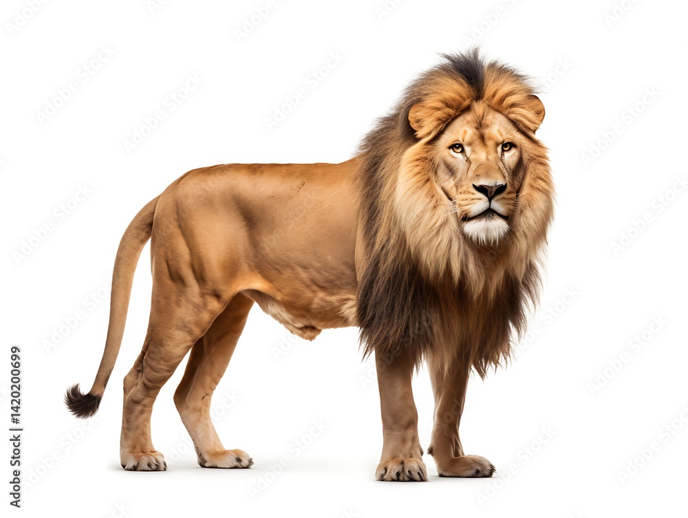 Majestic Lion Portrait: A majestic lion, with a full mane and piercing gaze, stands tall against a clean white background. The portrait captures the king of the jungle's raw power, confidence. Majestic Lion Portrait: A majestic lion, with a full mane and piercing gaze, stands tall against a clean white background. The portrait captures the king of the jungle's raw power, confidence.