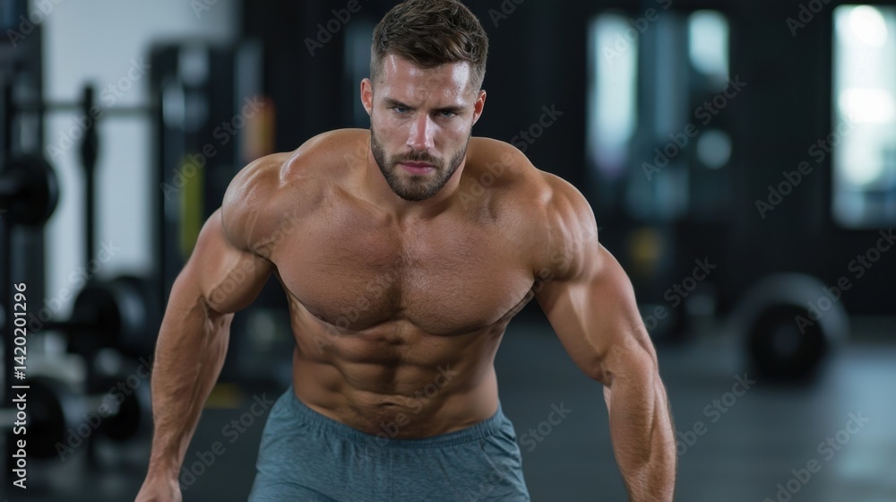 A man with a muscular body is posing for a picture in a gym A man with a muscular body is posing for a picture in a gym