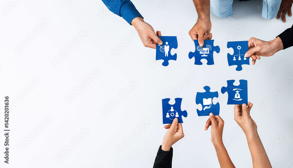 A diverse group of hands assembles colorful puzzle pieces, symbolizing collaboration and teamwork in a strategic business setting. Ideal for teamwork concepts. Amity