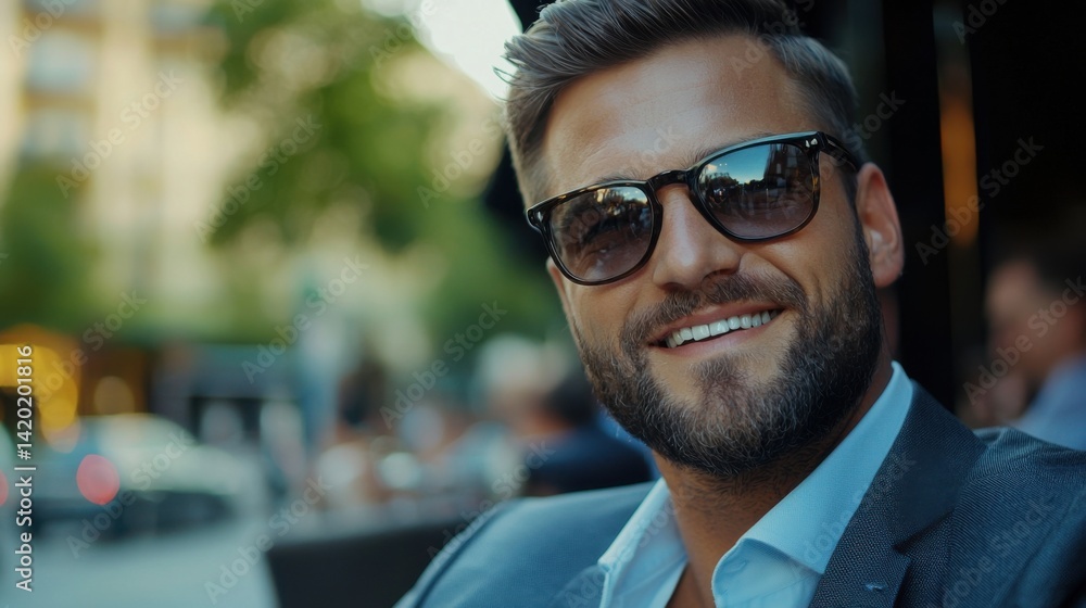 A man wearing sunglasses and a suit is smiling A man wearing sunglasses and a suit is smiling