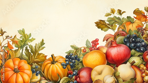 colorful fall harvest scene with pumpkins, grapes, apples and pomegranates displayed on a rustic wooden table. ample space for text perfect for marketing