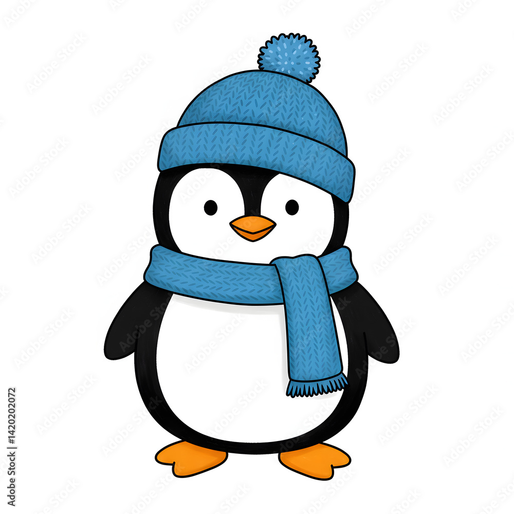 Fototapeta premium Cartoon penguin with hat and scarf on white