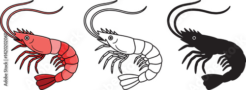Shrimp colorful illustration and silhouette vector illustration isolated On Transparent Background