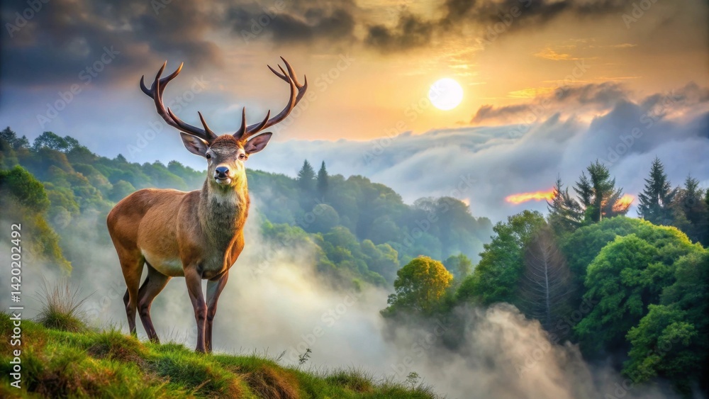 Fototapeta premium Majestic Stag Silhouetted Against a Misty Mountain Sunrise, a Breathtaking Display of Wildlife in its Natural Habitat