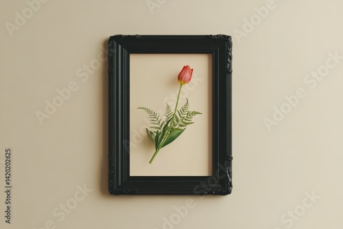 Framed tulip and fern arrangement on a light beige background.