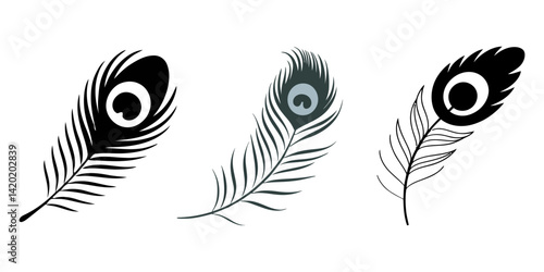 feather isolated on white, Set of decorative colorful peacock feather isolated on transparent background, stunningly detailed peacock feather with an iridescent "eye" pattern in shades of blue.
