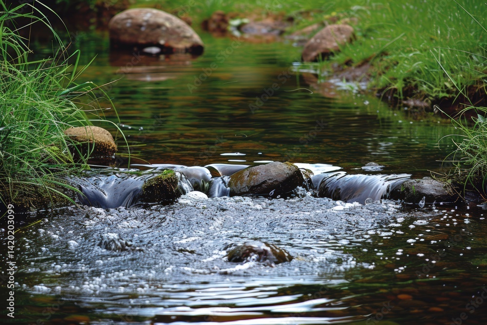 Flowing stream over rocks peaceful nature scene riverbank tranquil environment close-up perspective natural beauty Flowing stream over rocks peaceful nature scene riverbank tranquil environment close-up perspective natural beauty