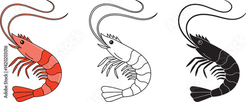 Shrimp colorful illustration and silhouette vector illustration isolated On Transparent Background