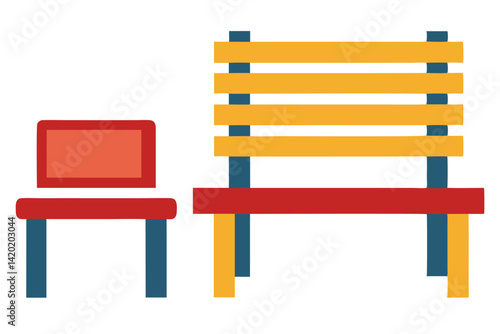 Stylized image depicting a red chair and a yellow and red bench
