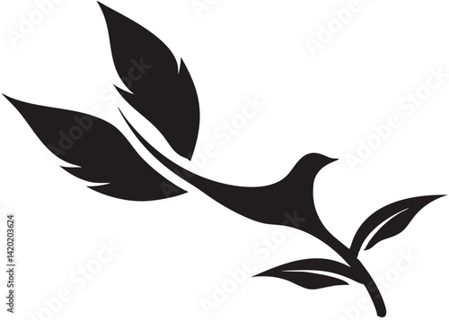 A graceful bird taking flight from a leafy branch, symbolizing freedom and new beginnings, in a bold black silhouette design.