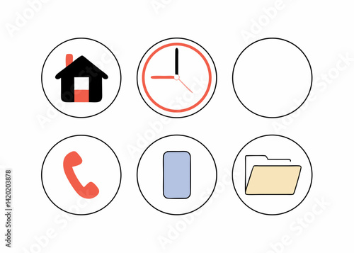 A simple, colorful set of essential app icons depicting home, time, contact, phone, and files, with clean lines and circular frames.