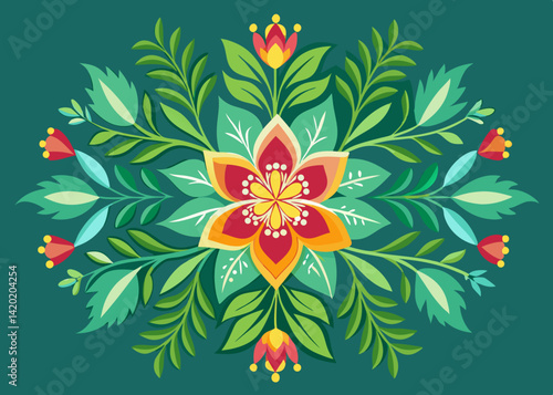 A vibrant, joyful floral arrangement celebrating the beauty of spring with a teal background and bold, stylized blossoms.