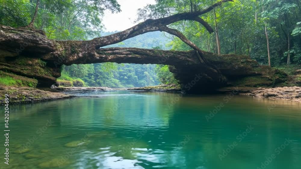 Serene river under ancient tree bridge in lush forest Serene river under ancient tree bridge in lush forest