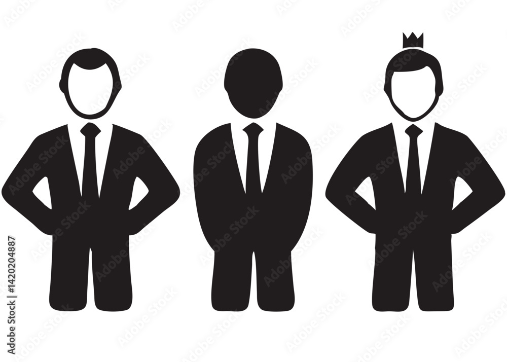 Three confident businessmen, one crowned, symbolizing ambition and leadership in a bold black and white minimalist design. Three confident businessmen, one crowned, symbolizing ambition and leadership in a bold black and white minimalist design.