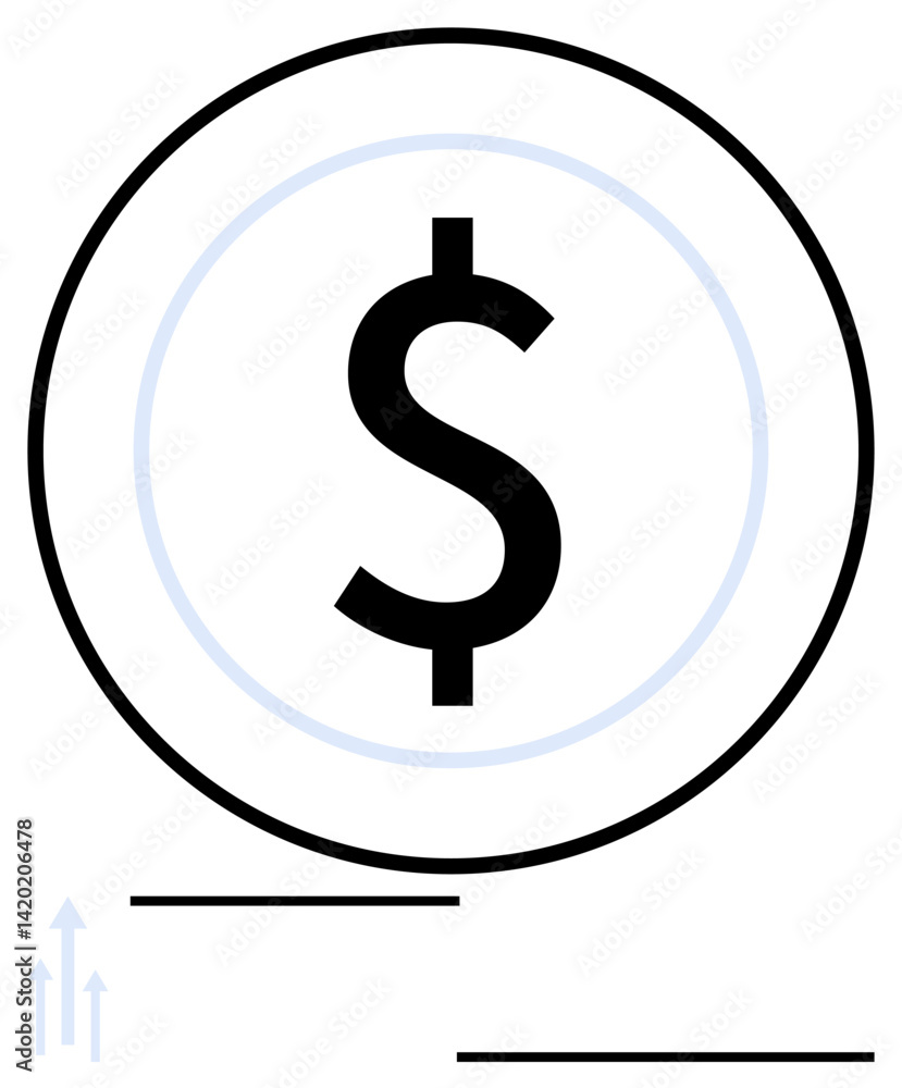 Large black dollar sign inside a circular outline with minimalistic lines and arrows. Ideal for finance, business, economy, growth, investment, banking, trade, simple landing page Large black dollar sign inside a circular outline with minimalistic lines and arrows. Ideal for finance, business, economy, growth, investment, banking, trade, simple landing page