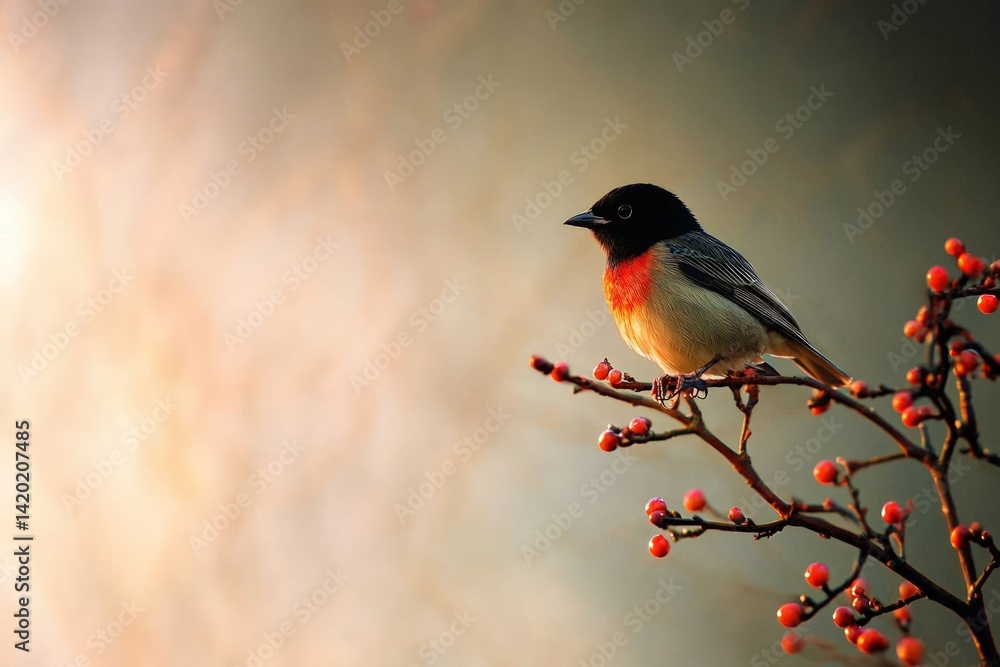 Fototapeta premium A small bird with red breast perches on a branch with red berries.