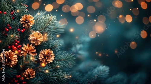 Christmas pine bough with golden cones, red berries, bokeh lights background
